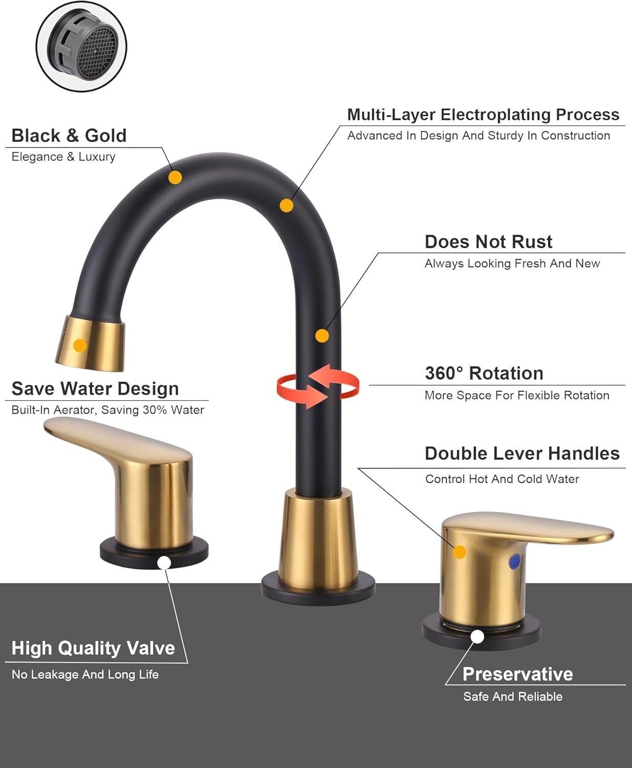 Matte Black and Gold Widespread Bathroom Faucet with High Arc Spout