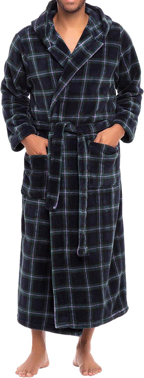 ADR Mens Robe, Plush Fleece Hooded Bathrobe Men, Men's Bathrobes, Big and Tall Bath Robe for Men Blue and Green Tartan Plaid 2XL