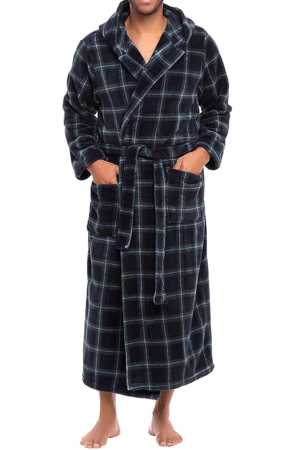 ADR Mens Robe, Plush Fleece Hooded Bathrobe Men, Men's Bathrobes, Big and Tall Bath Robe for Men Blue and Green Tartan Plaid 2XL