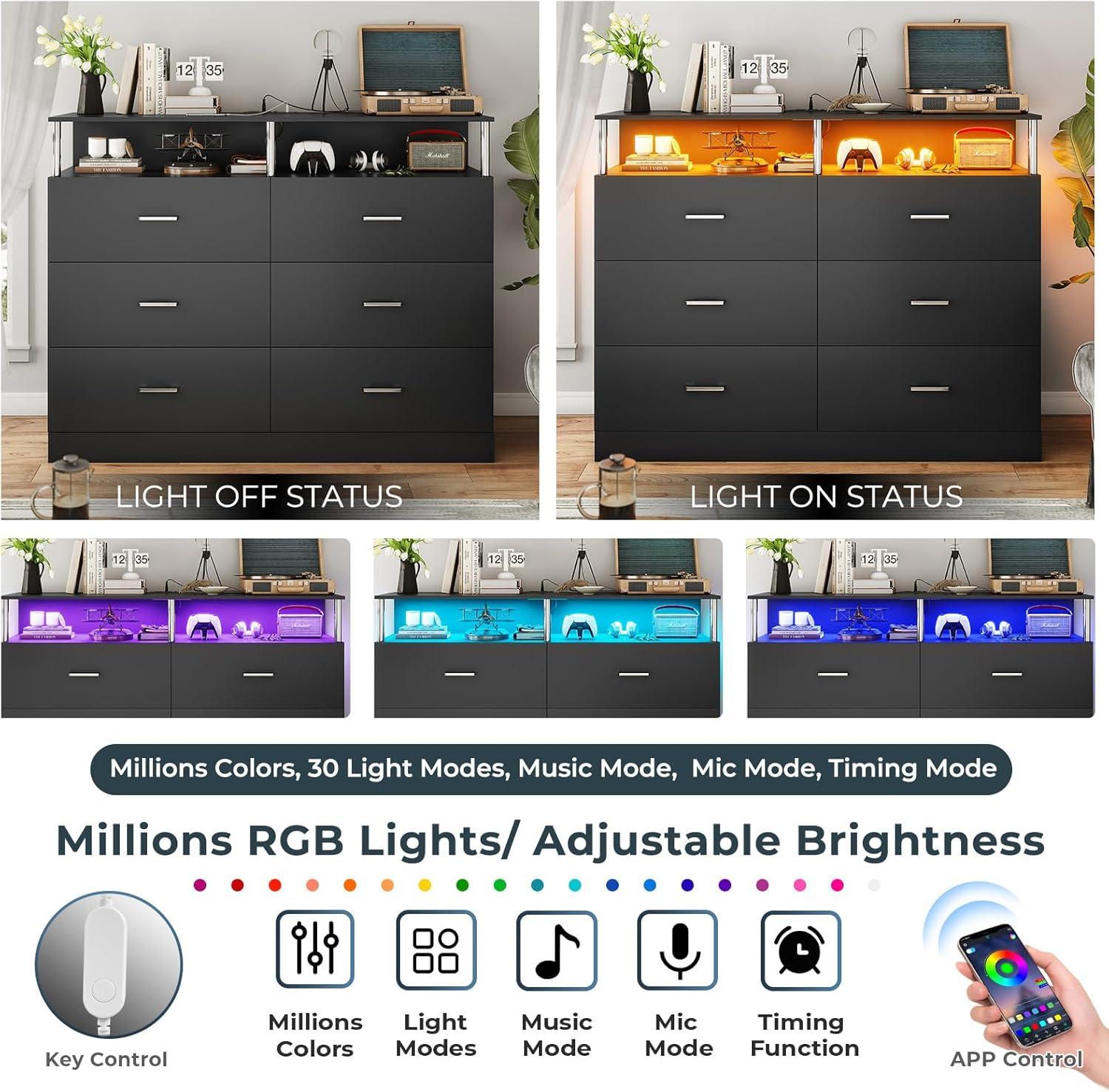 6 Drawer Dresser with Charging Station, Modern Bedroom LED Long Dresser for Bedroom, Column Design, Black