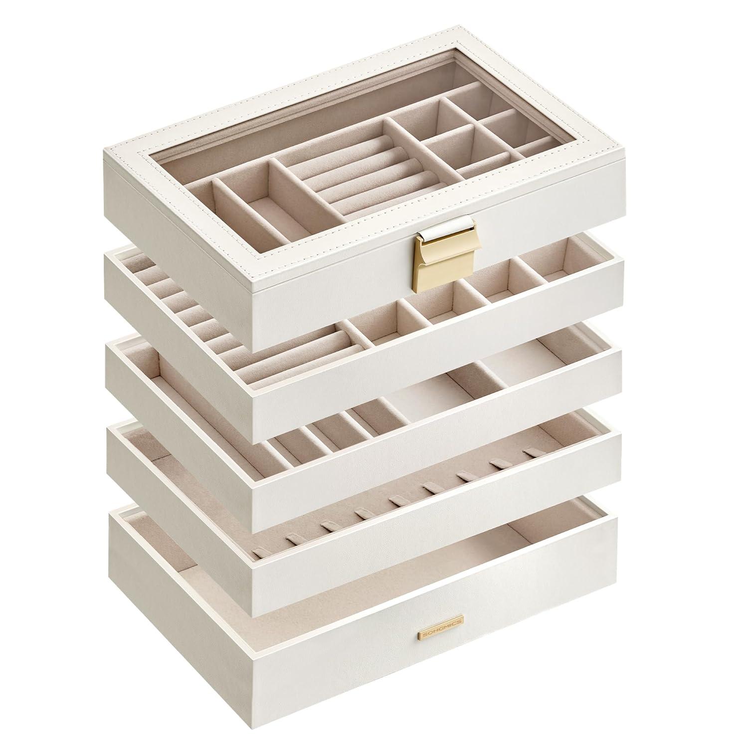 SONGMICS Stackable Jewelry Trays, 5-Tier Jewelry Box, Drawer Jewelry Organizer, with Glass Lid, Removable Dividers, for Vanity Table, 6.7 x 11 x 8.6 Inches, Gift Idea, Cloud White UJBC194W01