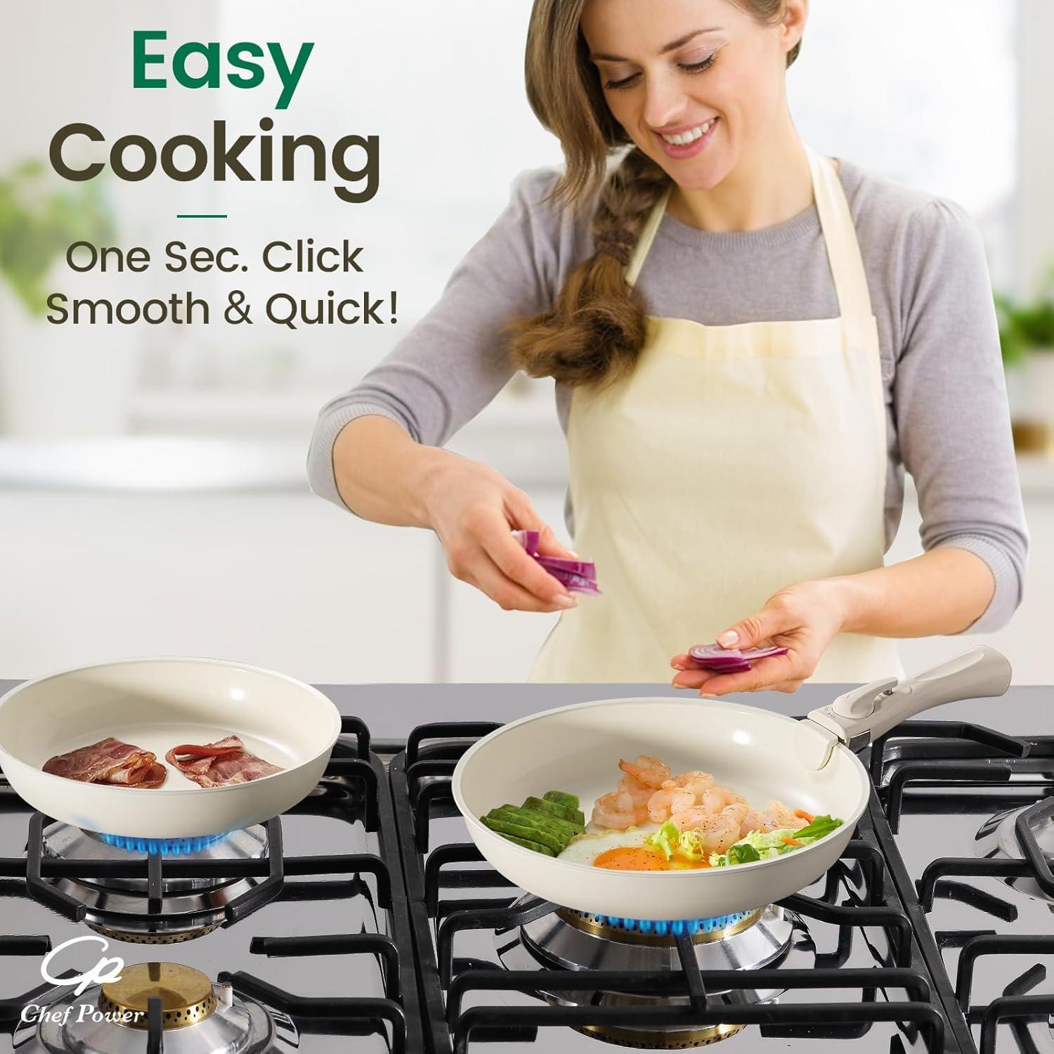 Chef Power Chef Power 19pcs Cream Cake Ceramic Nonstick Pots and Pans Set, Cookware Sets Detachable Handle