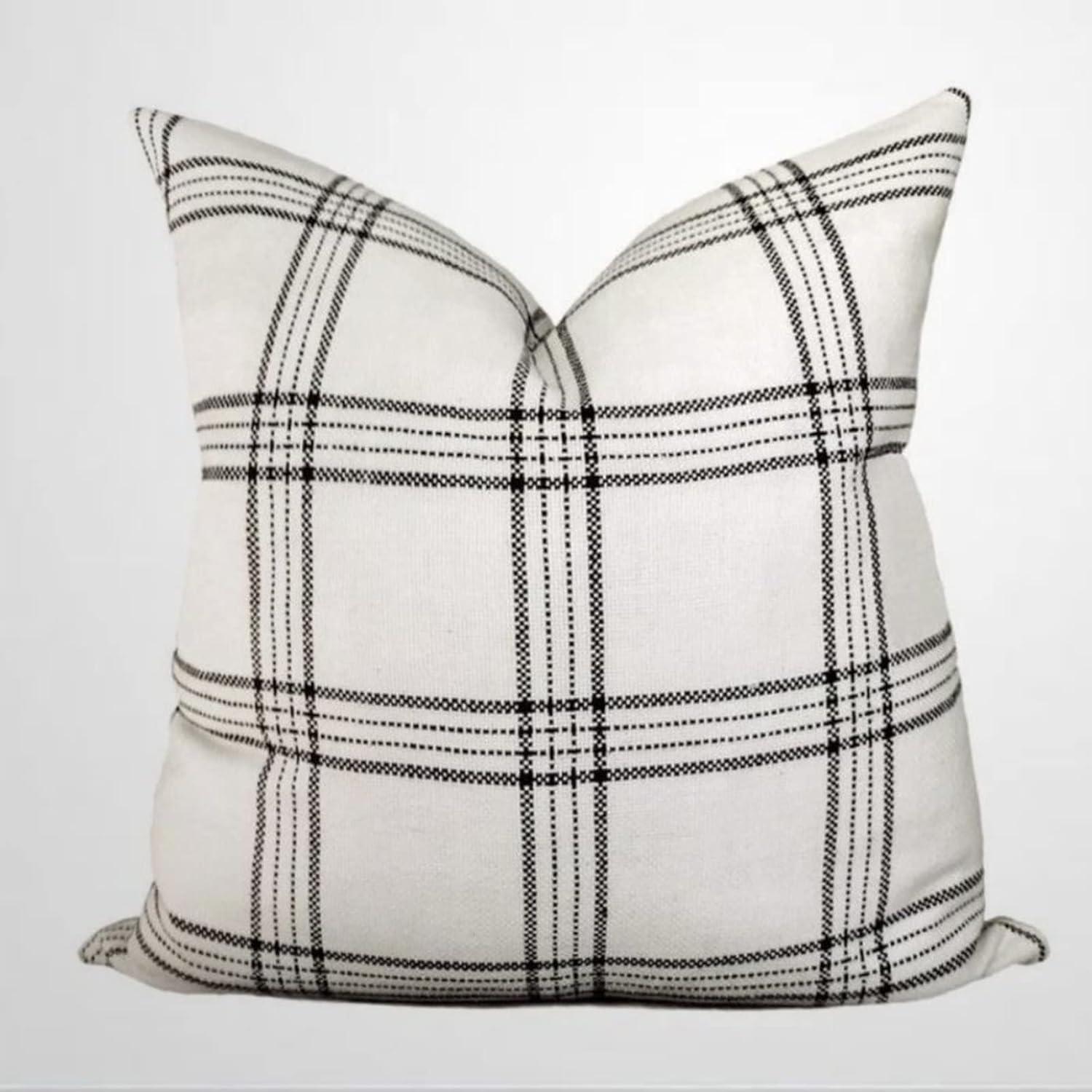 Natural and Black Plaid Cotton Throw Pillow Cover 18x18 Inch