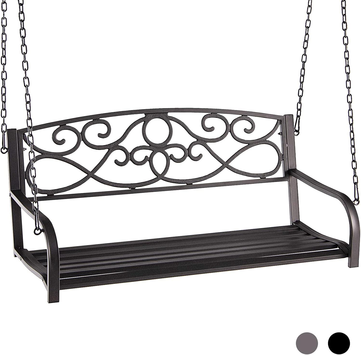 Resenkos Porch Swing, 2-Person Outdoor Porch Metal Hanging Swing Chair with Sturdy Chains-Brown, Hanging Outdoor Porch Swings for Garden, Backyard