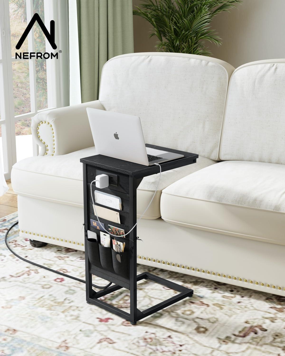 Black Metal C-Shaped End Tables with Charging Station