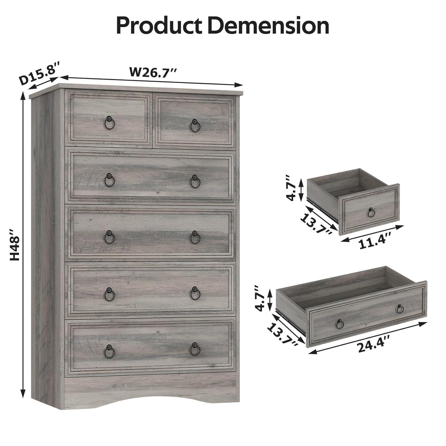 LGHM Modern 6 Drawer Dresser, Dressers for Bedroom, 44.33" Tall Chest of Drawers Closet Organizers & Storage Clothes - Easy Pull Handle, Textured Borders Living Room, Hallway, Gray
