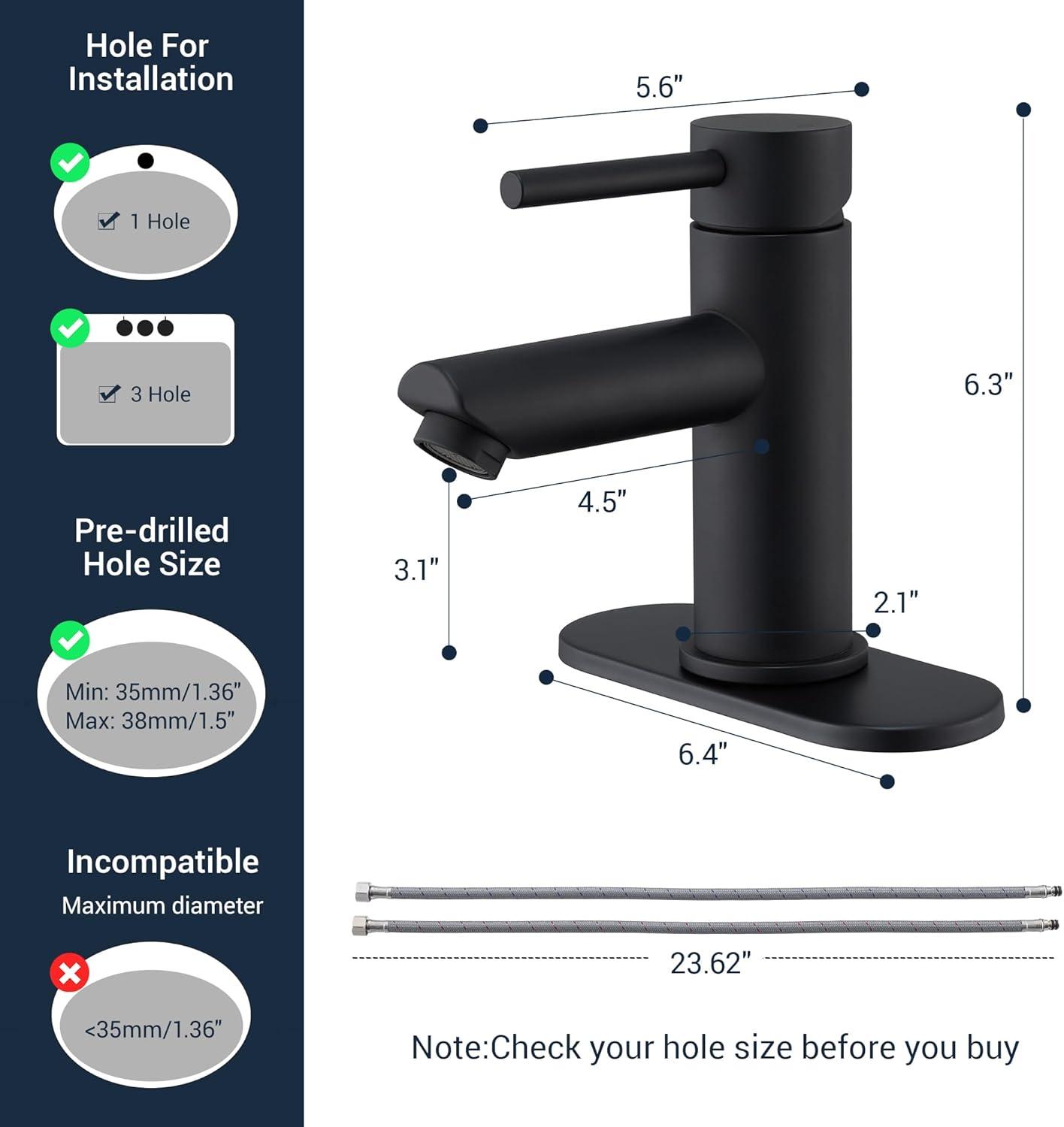 Bathroom Sink Faucet One Hole,Lavatory Tap for Basin,Matte Black Bathroom Sink Faucet with Metal Pop Up Drain Assembly， Bathroom Faucet 1 Hole with 3 Hole Deck Plate