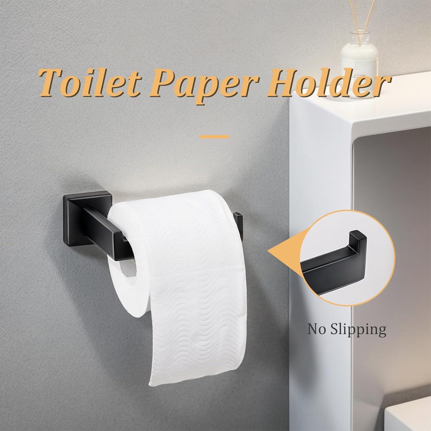 5 Pieces Square Matte Black Stainless Steel Bathroom Accessories Set Include 23.6 in Towel Bar, Toilet Paper Holder, Towel Ring, 2 Robe Towel Hooks