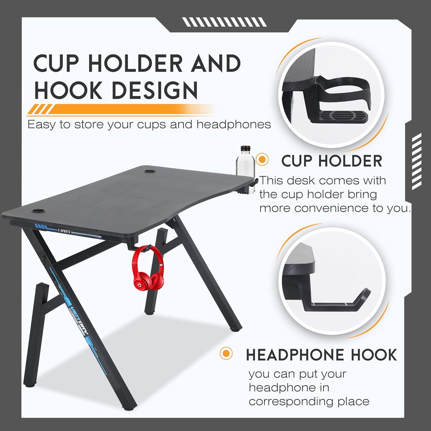 FDW 47 Inch Gaming Desk PC Carbon Fiber Table Ultimate Gamer Workstation with Cup Holder & Headphone Hook for Home Office