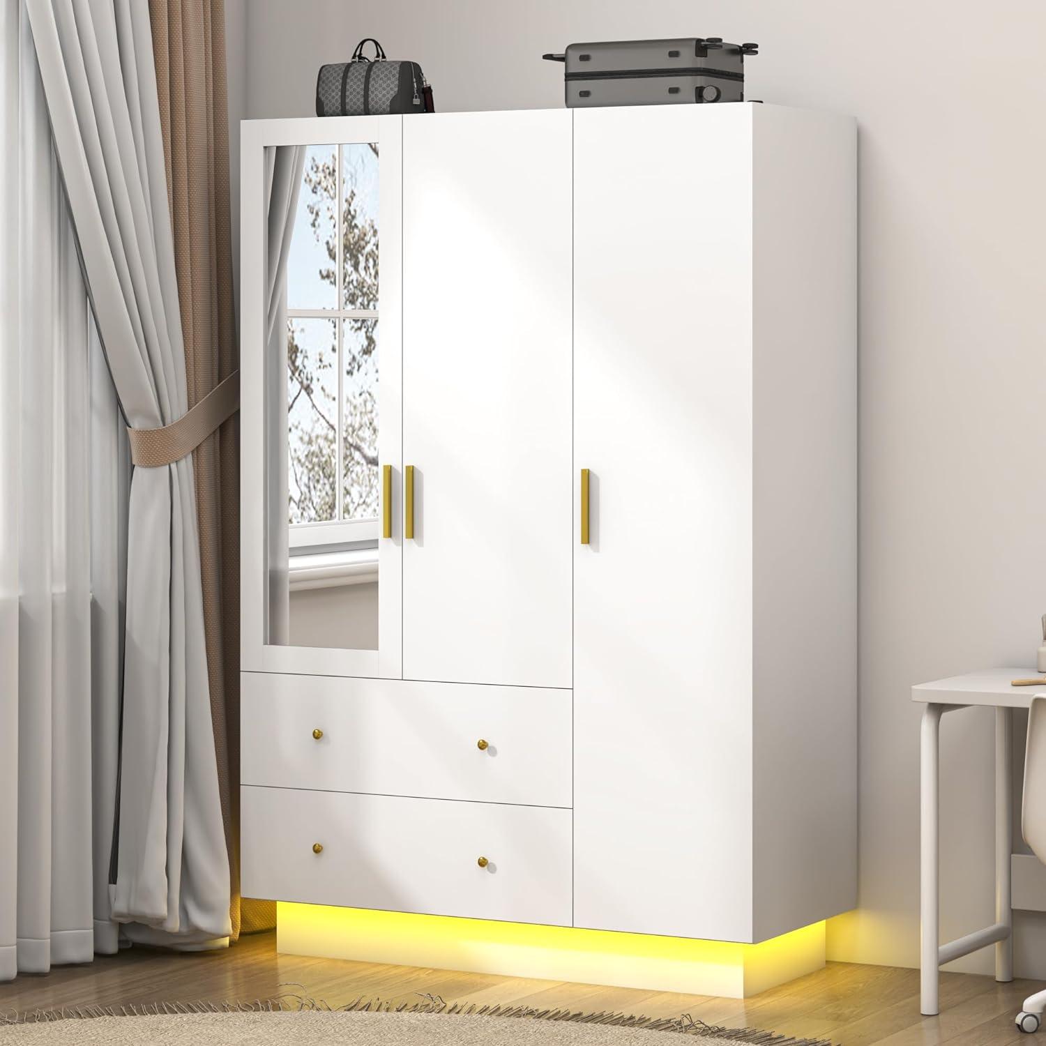 Armoire Wardrobe Closet With Mirror & Led Light, 4 Door Wooden Storage Cabinet With Drawers, Spacious Armoire With Hanging Rod & Adjustable Shelves