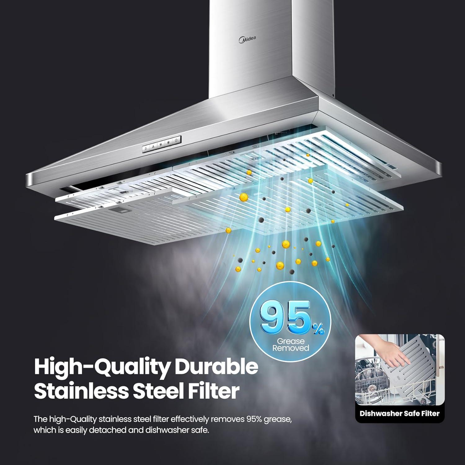 Midea MVP30W6AST 30" Pyramid Range Hood, 450 CFM, 3 Speed Fan, Ductless Convertible