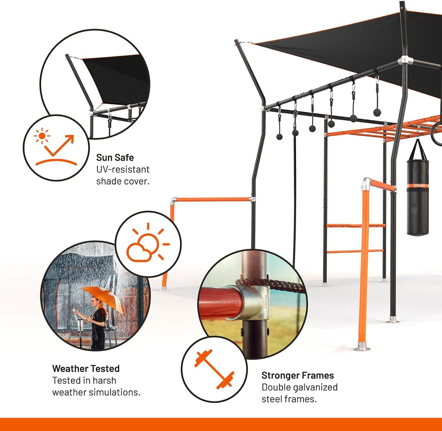 VULY Family Quest Monkey Bars Large Ninja Warrior Playset with Shade Cover, Cargo Net, Gym Rope, Bounce Swing