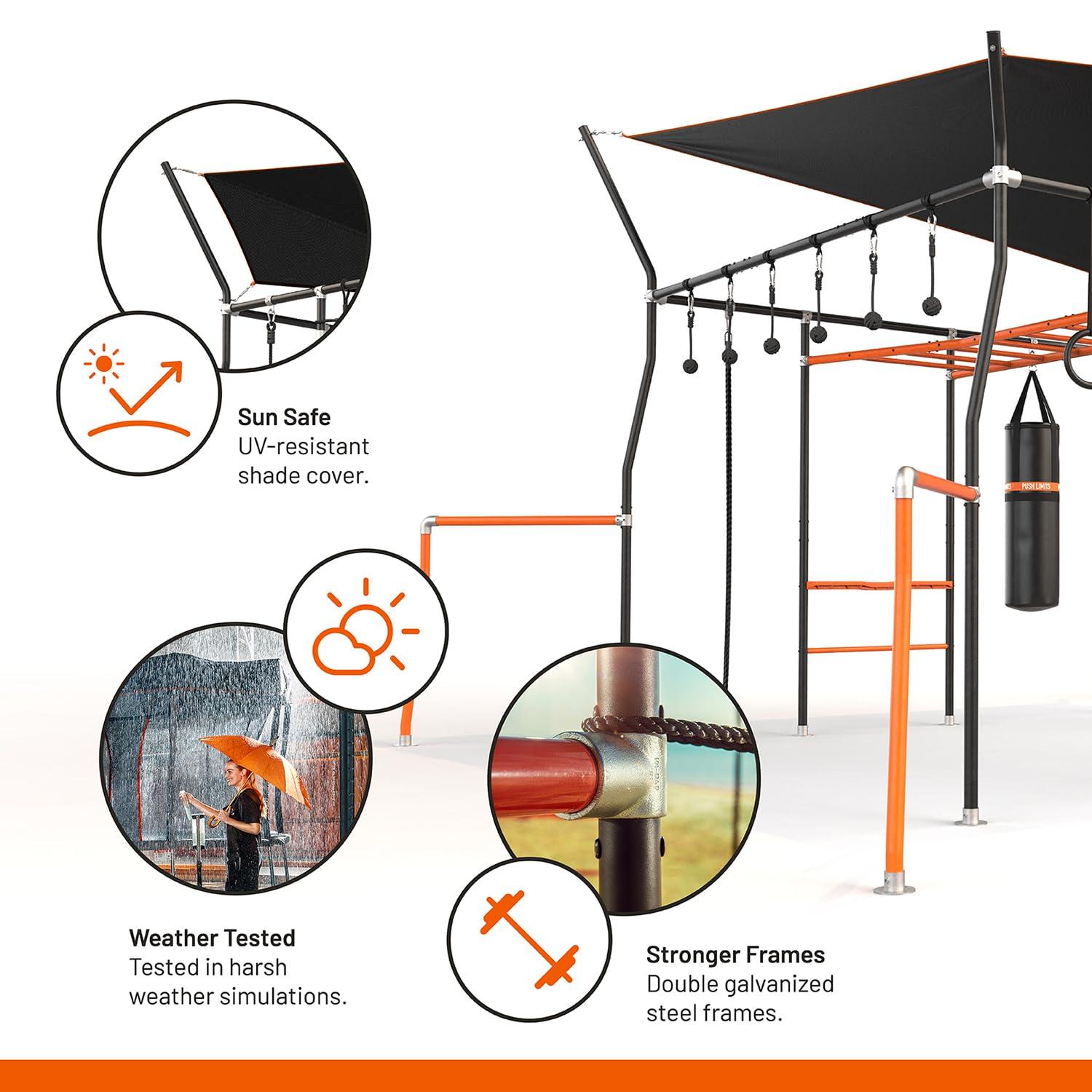 VULY Family Quest Monkey Bars Large Ninja Warrior Playset with Shade Cover, Cargo Net, Gym Rope, Bounce Swing