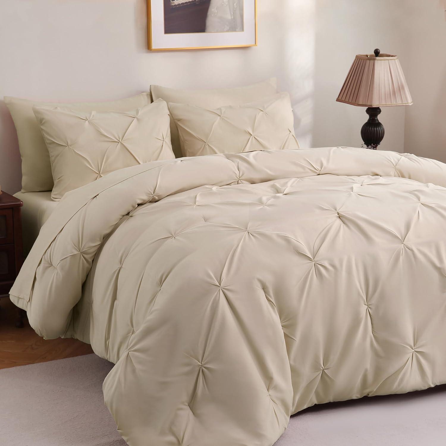 CozyLux Beige Comforter Set Queen 7 Pieces Bed in A Bag Cream Off White Pintuck Comforters Queen Size Pinch Pleat Bedding Sets with All Season Comforter, Flat Sheet, Fitted Sheet and Pillowcases&Shams