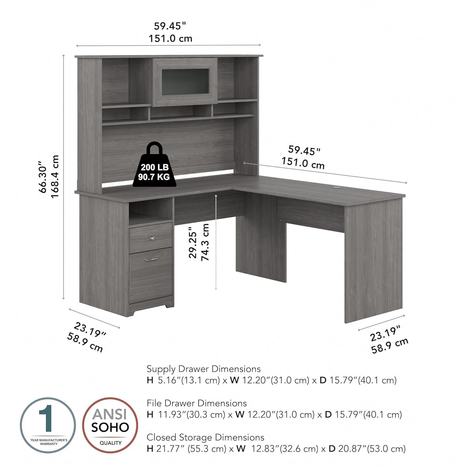 Cabot 60W L Shaped Desk with Hutch and Drawers in Modern Gray - Engineered Wood