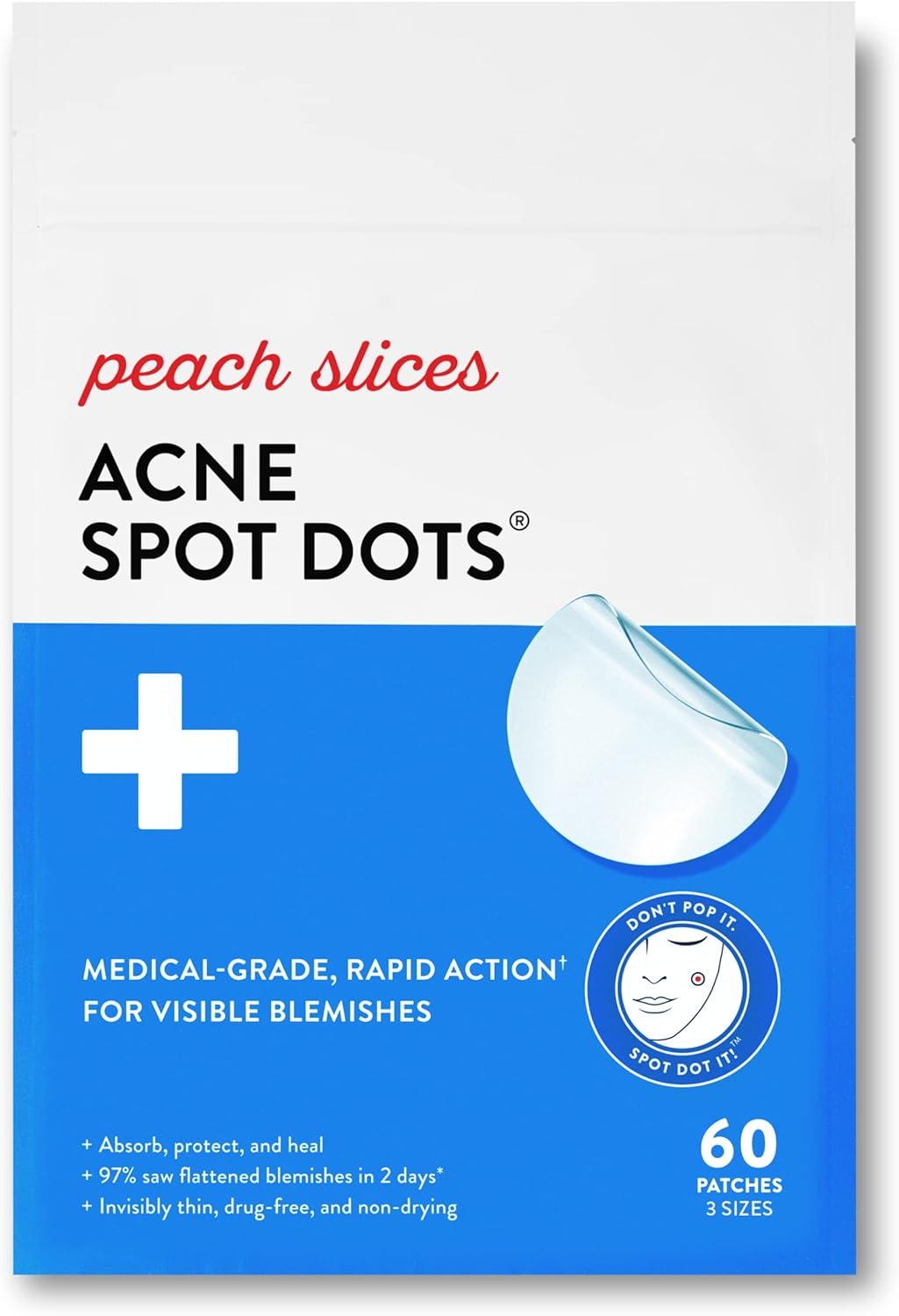 Peach Slices | Acne Spot Dots | Hydrocolloid Acne Patches | For Zits, Blemishes, & Breakouts | Vegan | Cruelty-Free | Pimple Patches | Facial Skin Care Products | 3 Sizes (7mm, 10mm, & 12mm) | 60 Ct