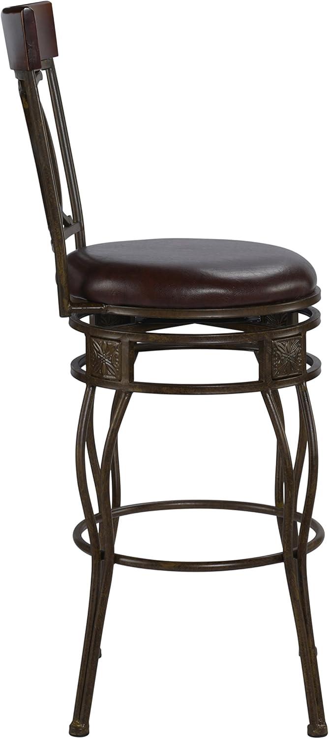 Linon O & X Back 30" Metal Swivel Faux Leather Bar Stool in Matte Bronze Finish