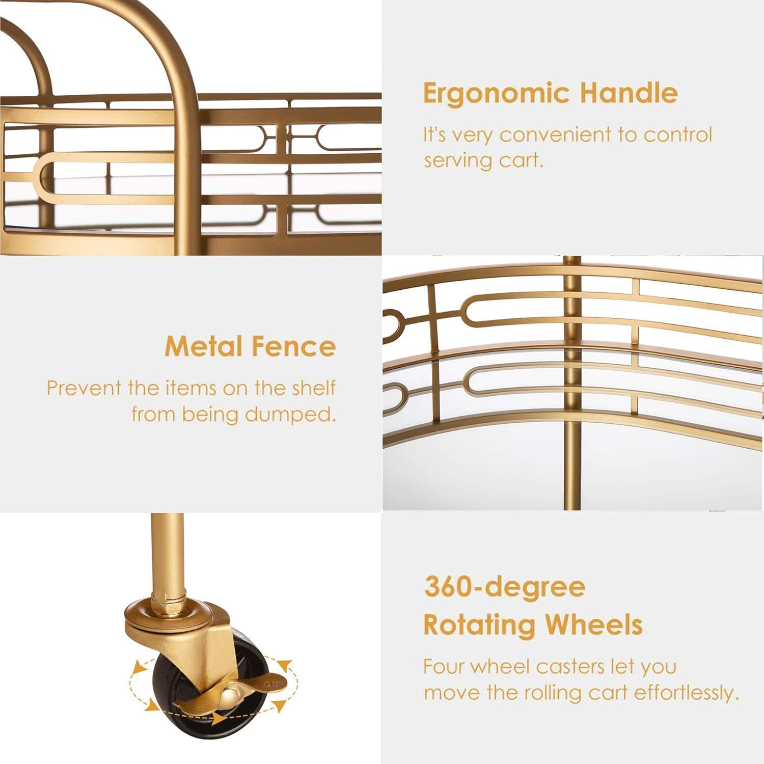 Glitzhome 29.5" H Round Gold Bar Cart with 4 Wheels 2-Tier Deluxe Tray Metal Mirrored Glass Top Rolling Serving Cart for Kitchen Living Room Hotel Wine/Tea Serving Cart