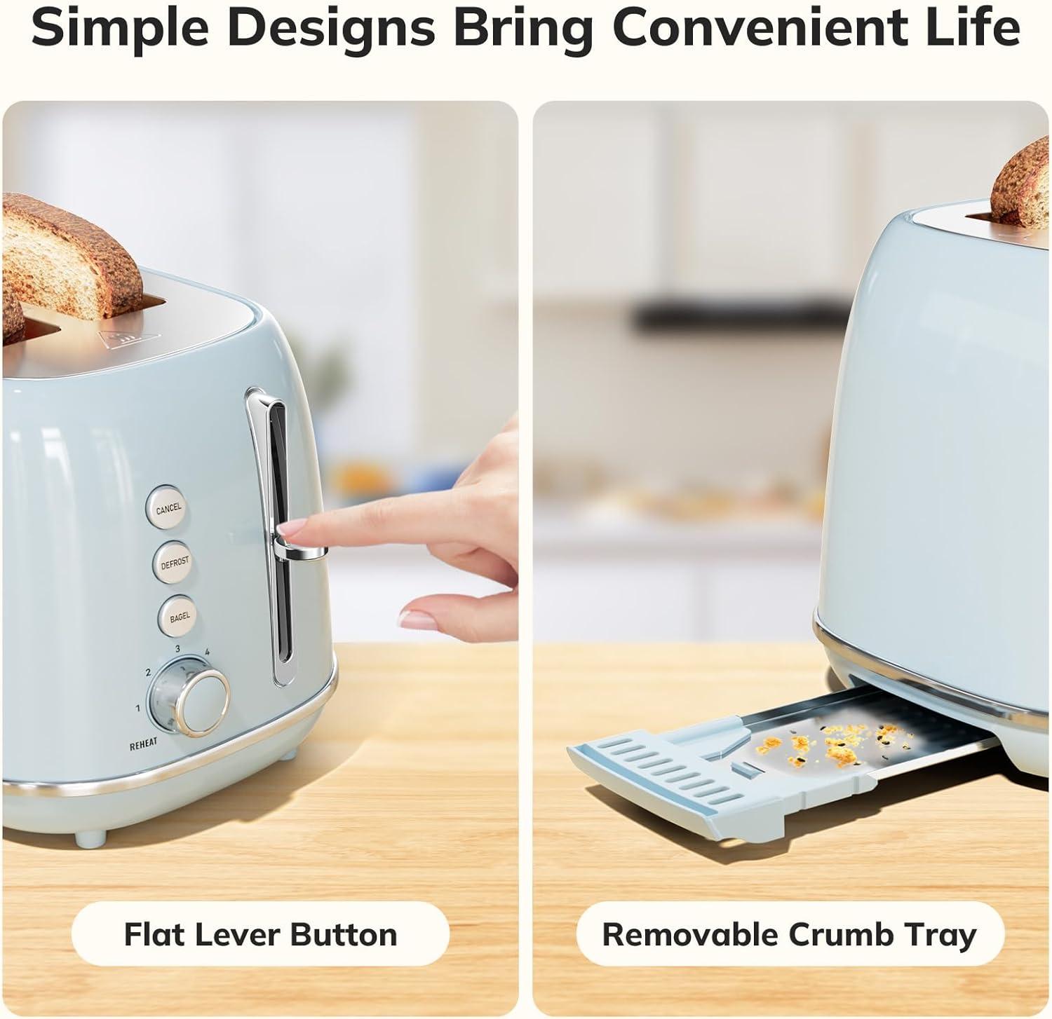 2 Slice Toaster Retro Stainless Steel Toaster with Bagel, Cancel, Defrost Function and 6 Bread Shade Settings Bread Toaster, Extra Wide Slot and Removable Crumb Tray, Blue