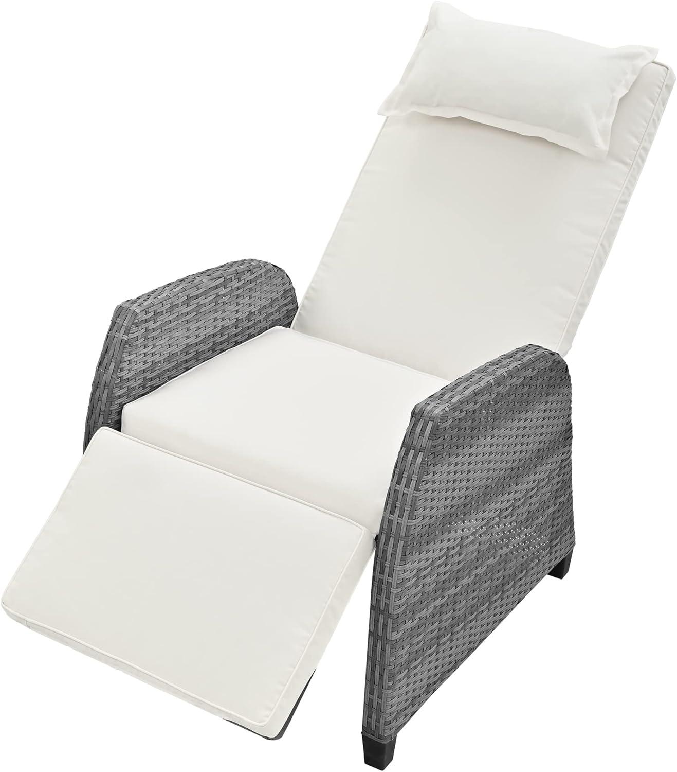 Outdoor Recliner Chairs Set of 2, 3 Piece Rattan Sofa Set, Patio Rocking Chairs Set with Adjustable Footrest, Outdoor Rattan Reclining Chairs with Table & Pillow for Backyard, Porch (Beige)