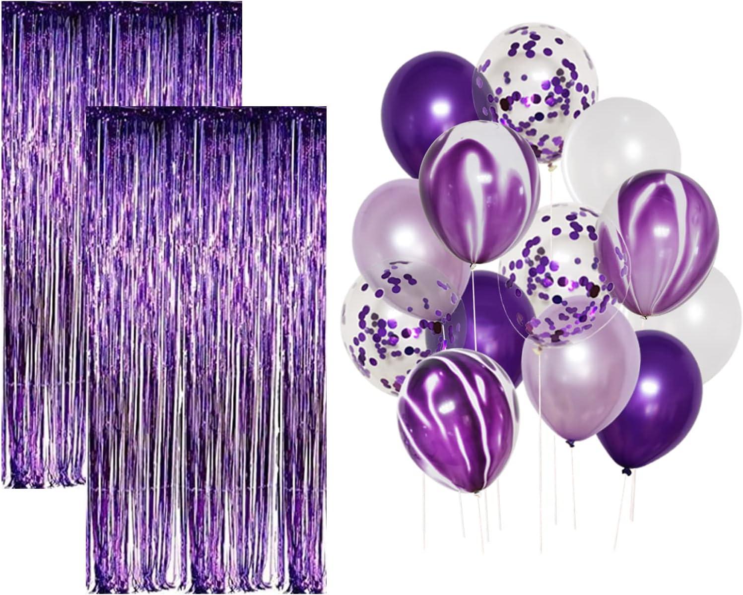 Purple and White Party Decorations Kit with Foil Curtain and Balloons