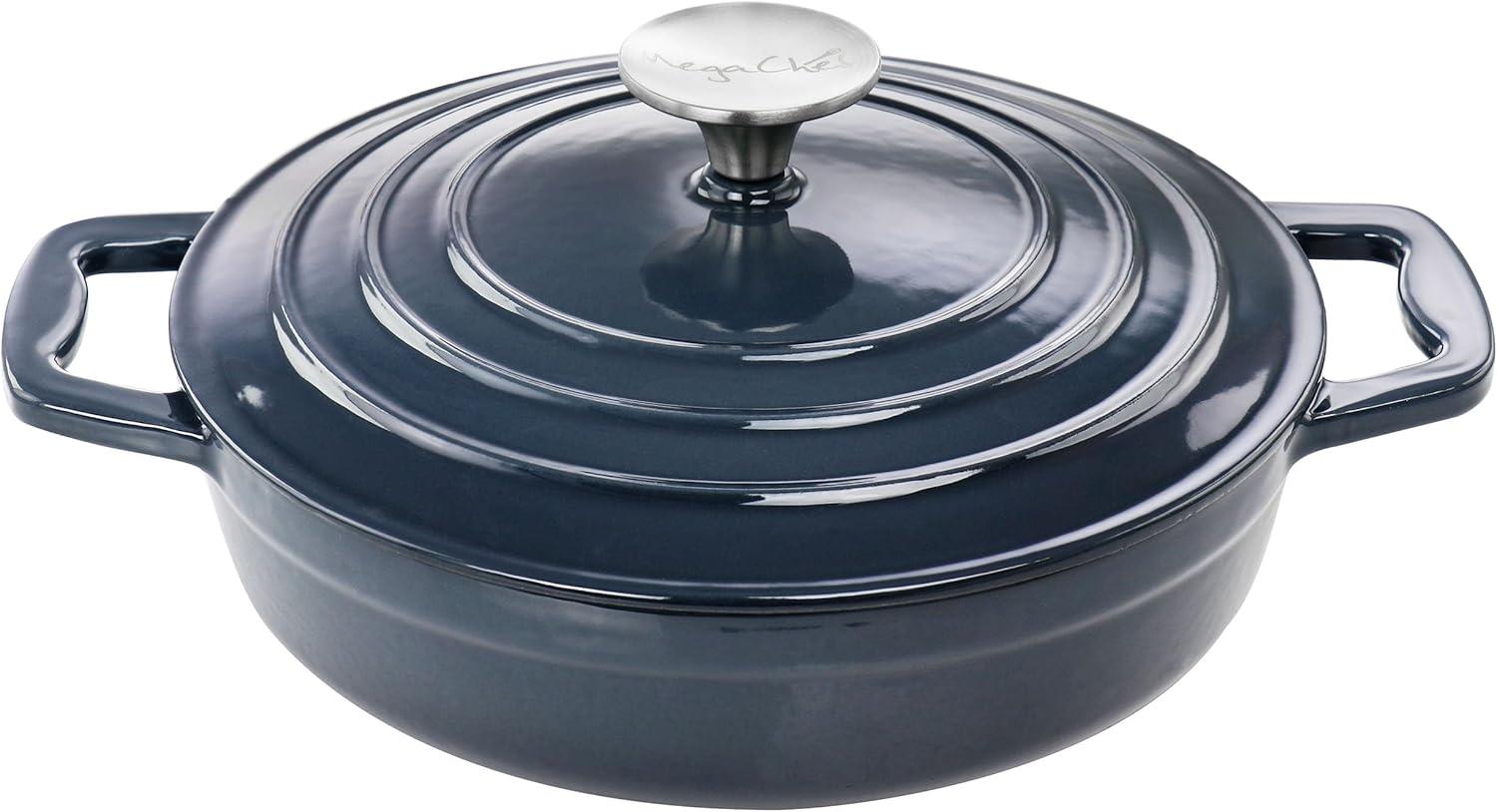 MegaChef 2 Quart Round Enameled Cast Iron Braiser Pan in Dark Blue