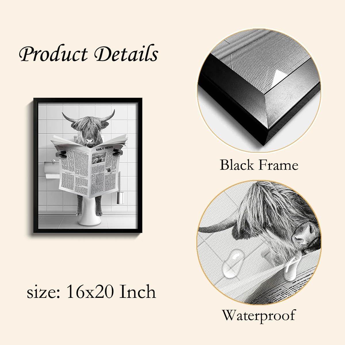 Modern Black Framed Highland Cow Wall Art Minimalist Bathroom Wall Decor Cute Funny Animals Artwork Canvas Prints Ready to Hang for Guest Bathroom, Hotel, Condo, Kids Bathroom, 12”x16”