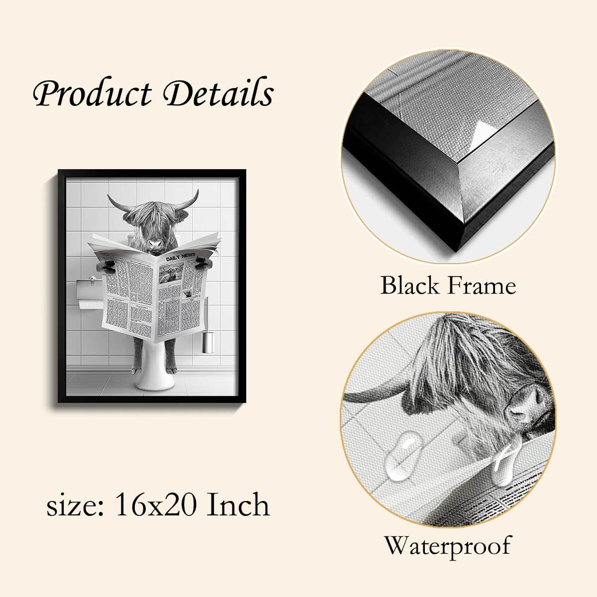 Modern Black Framed Highland Cow Wall Art Minimalist Bathroom Wall Decor Cute Funny Animals Artwork Canvas Prints Ready to Hang for Guest Bathroom, Hotel, Condo, Kids Bathroom, 12”x16”