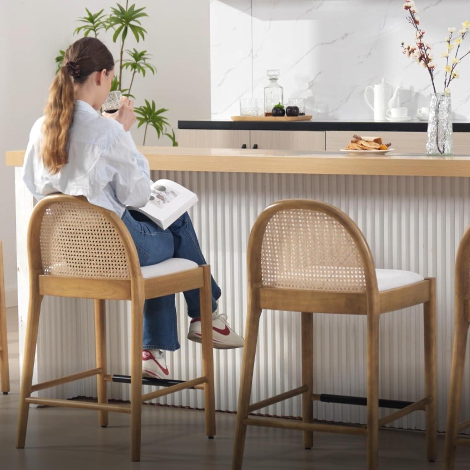 Bayou Breeze Emington Modern Stools with Rattan Backrests and Wood Frame (Set of 2)