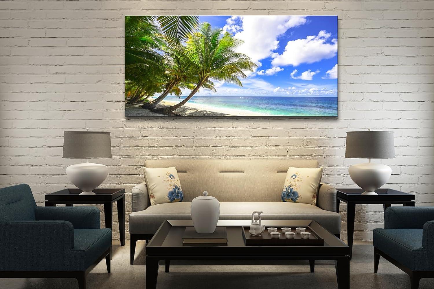 Large Blue Ocean Landscape Canvas Print with Palm Tree