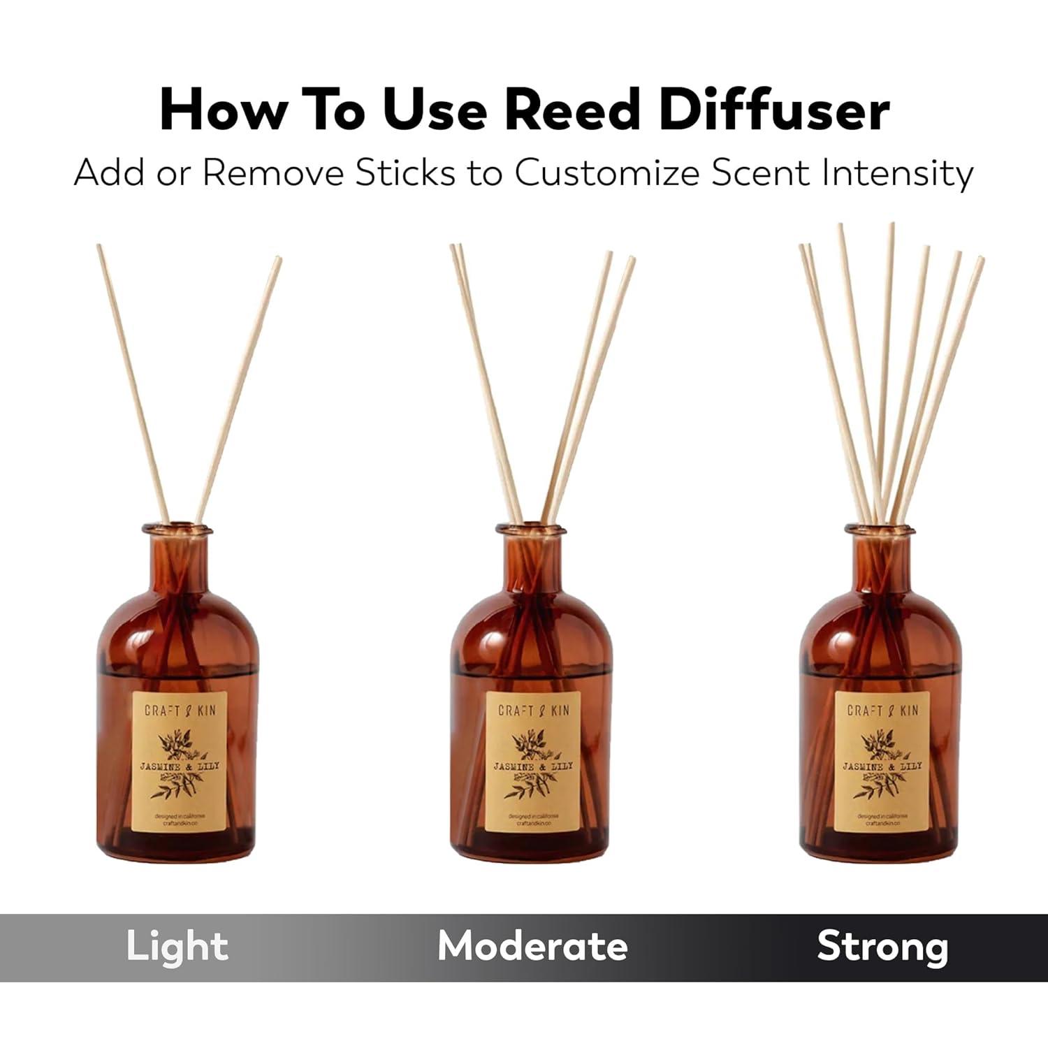 Craft & Kin Lily & Jasmine Diffuser Reed Diffuser | All Natural Essential Oil & 8 Rattan Scent Sticks | Reed Diffusers for Home, Bathroom | Long Lasting Home Fragrance in Amber Glass, 5.75oz