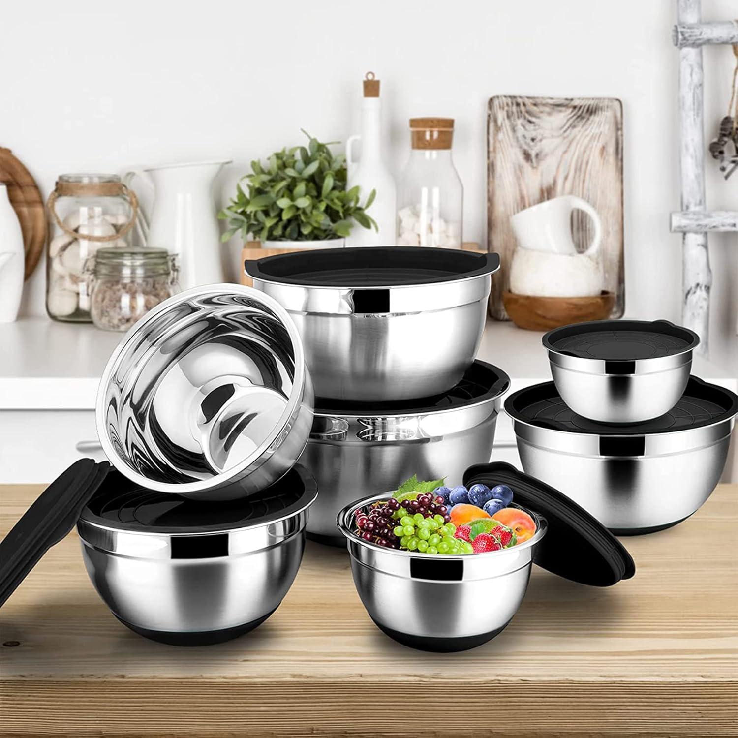 6-Piece Black Stainless Steel Mixing Bowl Set with Lids and Graters