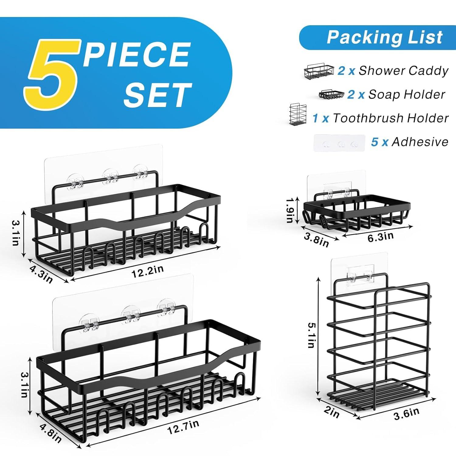Shower Caddy 5 Pack,Adhesive Shower Organizer for Bathroom Storage&Home Decor&Kitchen,No Drilling,Large Capacity,Rustproof Stainless Steel Bathroom Organizer,Shower Shelves for Inside Shower-Standard