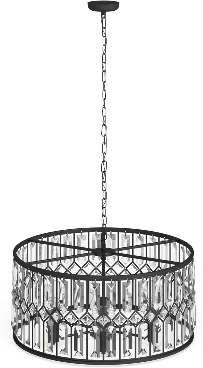 Elegant 24" Black Metal and Crystal Drum Chandelier with Edison Bulbs