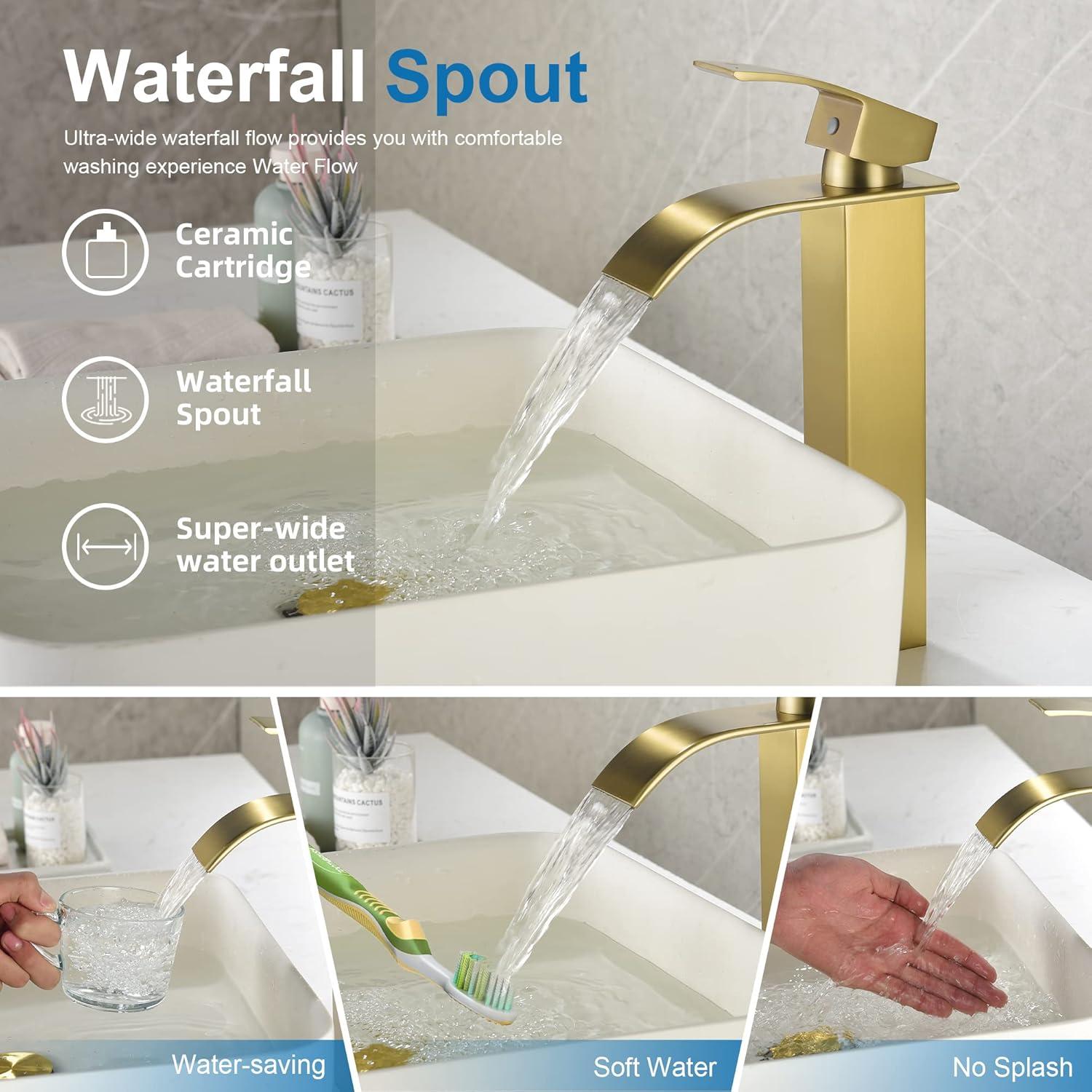 WOWOW Brushed Gold Waterfall Bathroom Faucet  Single Handle Faucet for Bathroom Sink