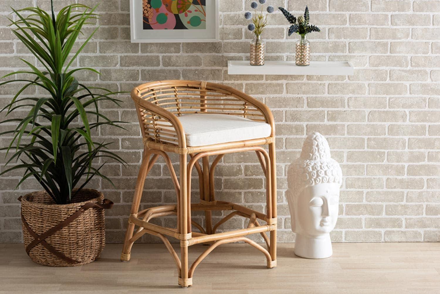 Tropical Oasis White Fabric and Natural Rattan Counter Stool