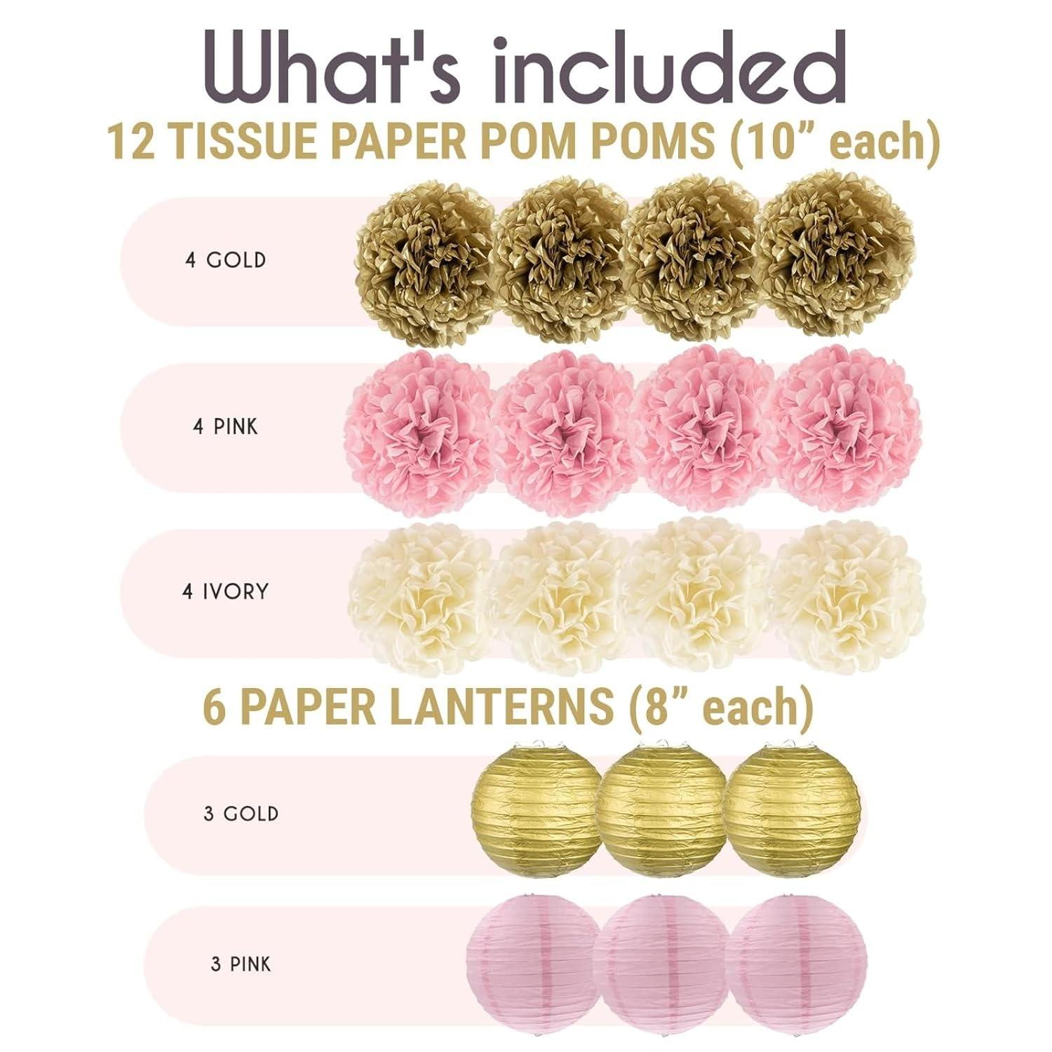 EpiqueOne 22pc Pink, Gold, and Ivory Decorative Party Decoration Kit with Paper Pom Poms and Lanterns
