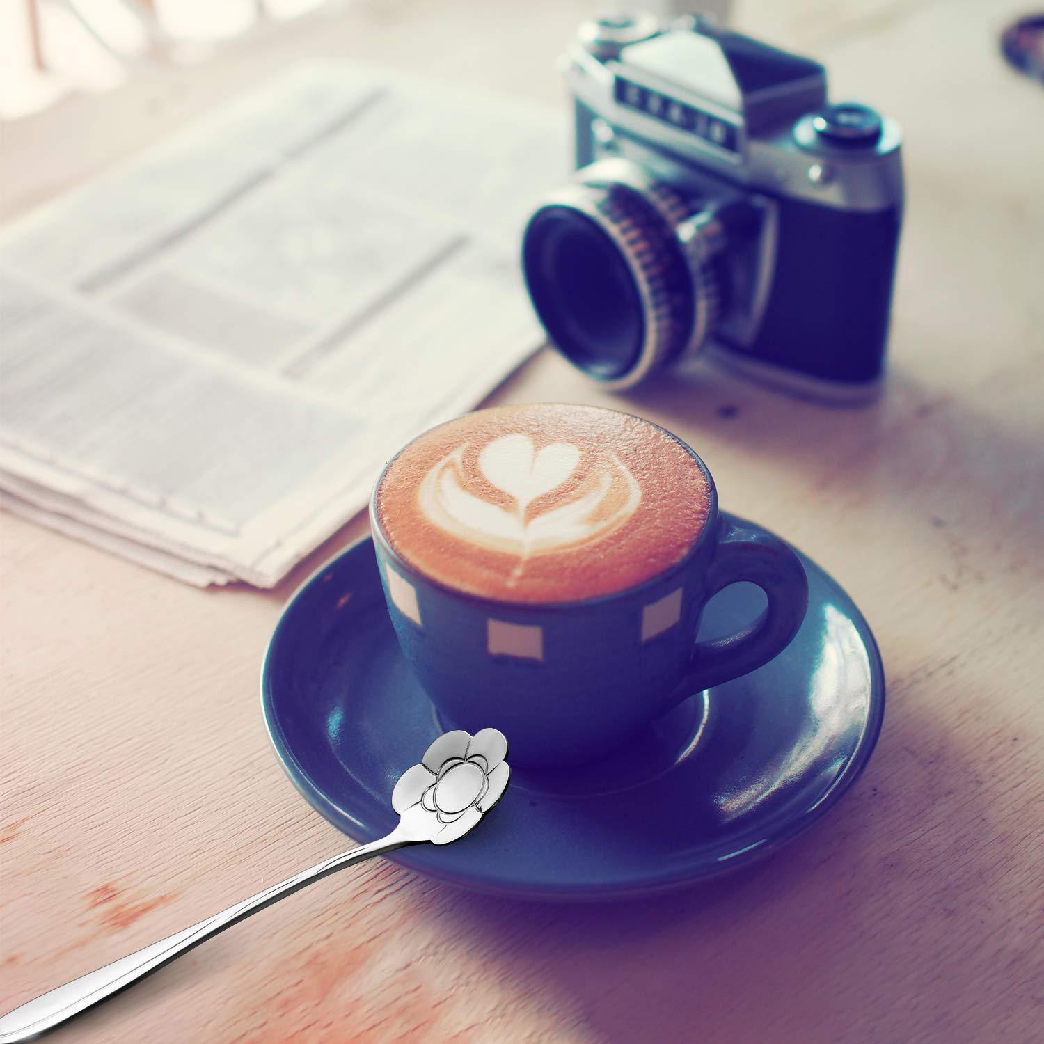 Chengu 8 Pieces Flower Coffee Tea Spoons Stainless Steel Sugar Spoons Tea Party Flower Fancy Tableware Set Stir Bar Creative Stirring Teaspoon, 8 Different Patterns(Silver)