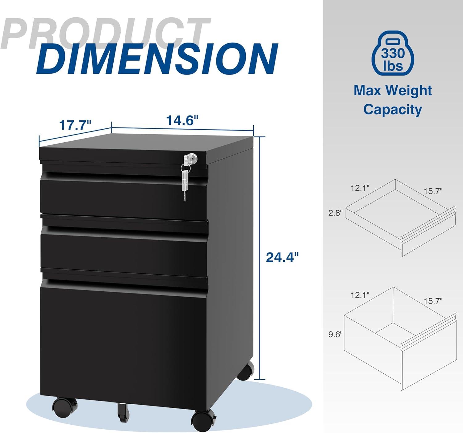 Letaya 3 Drawer Mobile File Cabinet with Lock,Under Desk Metal Filing Cabinets for Home Office Organizer Letters/Legal/A4(Requires Installation-Black)