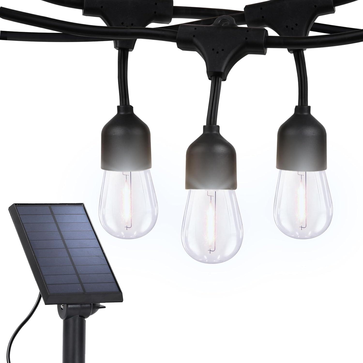 Brightech Ambience Pro 48 ft. Solar-Powered Outdoor LED String Lights with 15 Warm White S14 Bulbs, Weatherproof and Commercial-Grade Cord