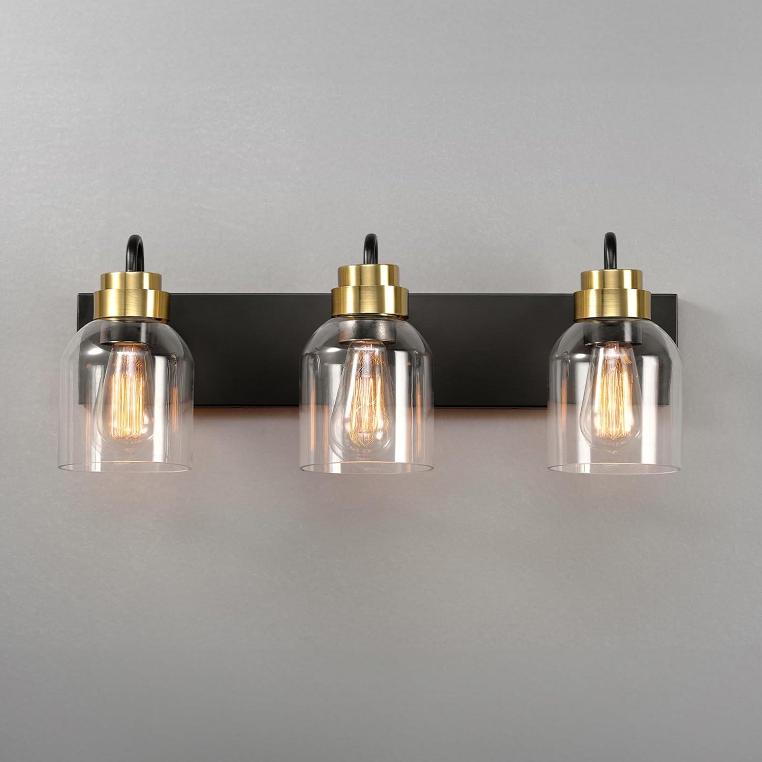22 in. 3-Light Matte Black Vanity Light with Matte Brass Accents and Glass Shades
