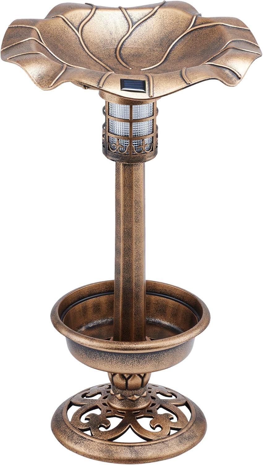 Bronze Outdoor Pedestal Birdbath with Planter and Solar LED