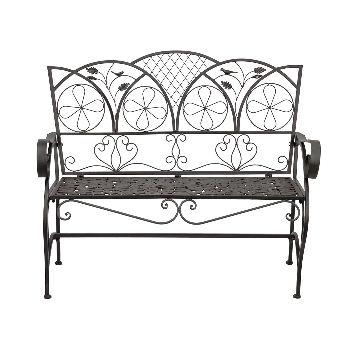 38" x 45" Iron Birds and Leaves Outdoor Garden Bench Brown - Alpine Corporation: Weatherproof, Decorative Yard Seating