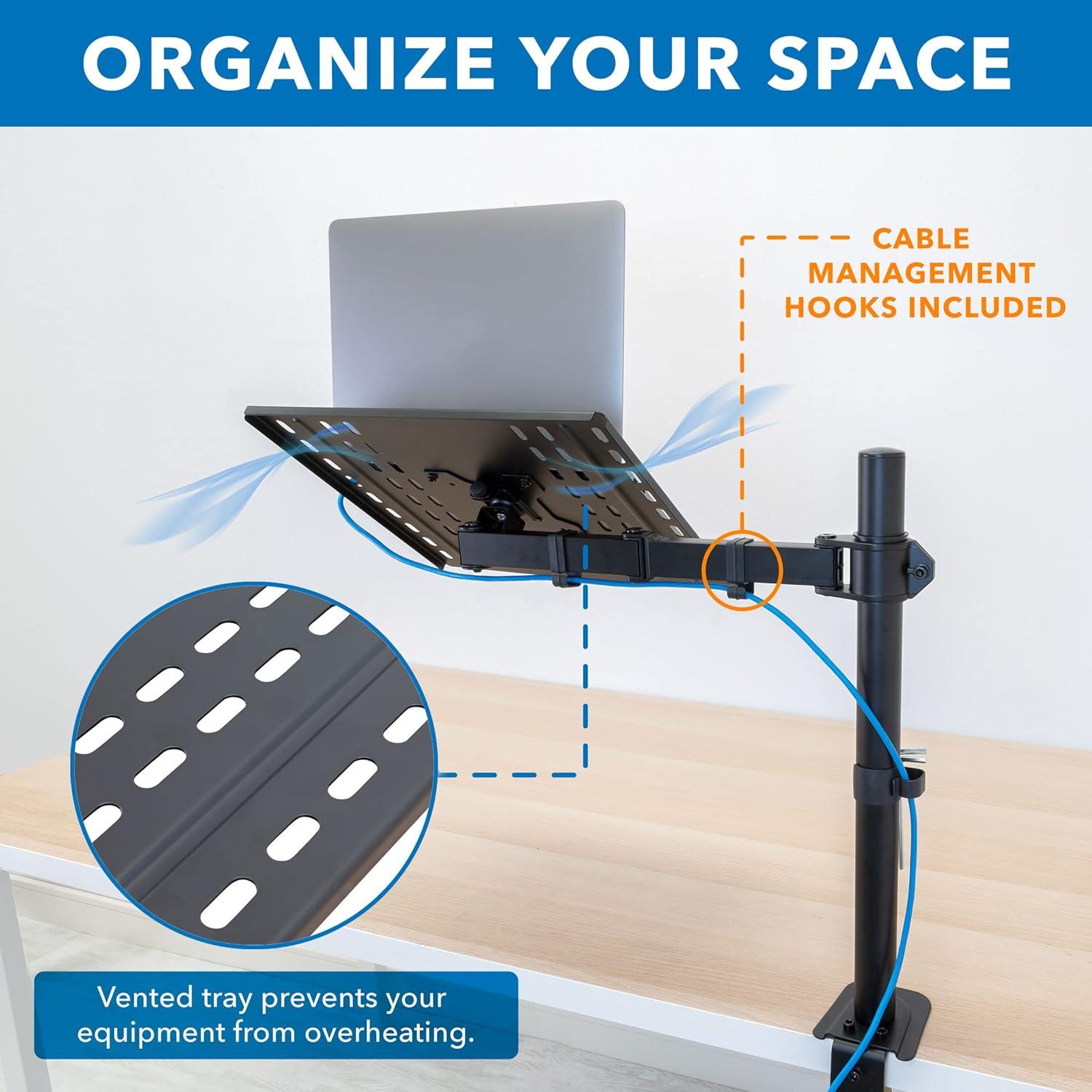 Mount-It! Laptop Desk Mount | Full Motion Laptop Arm with Vented Tray | Clamp and Grommet Base | Laptop Tray Works with Screens Up to 17" Inches