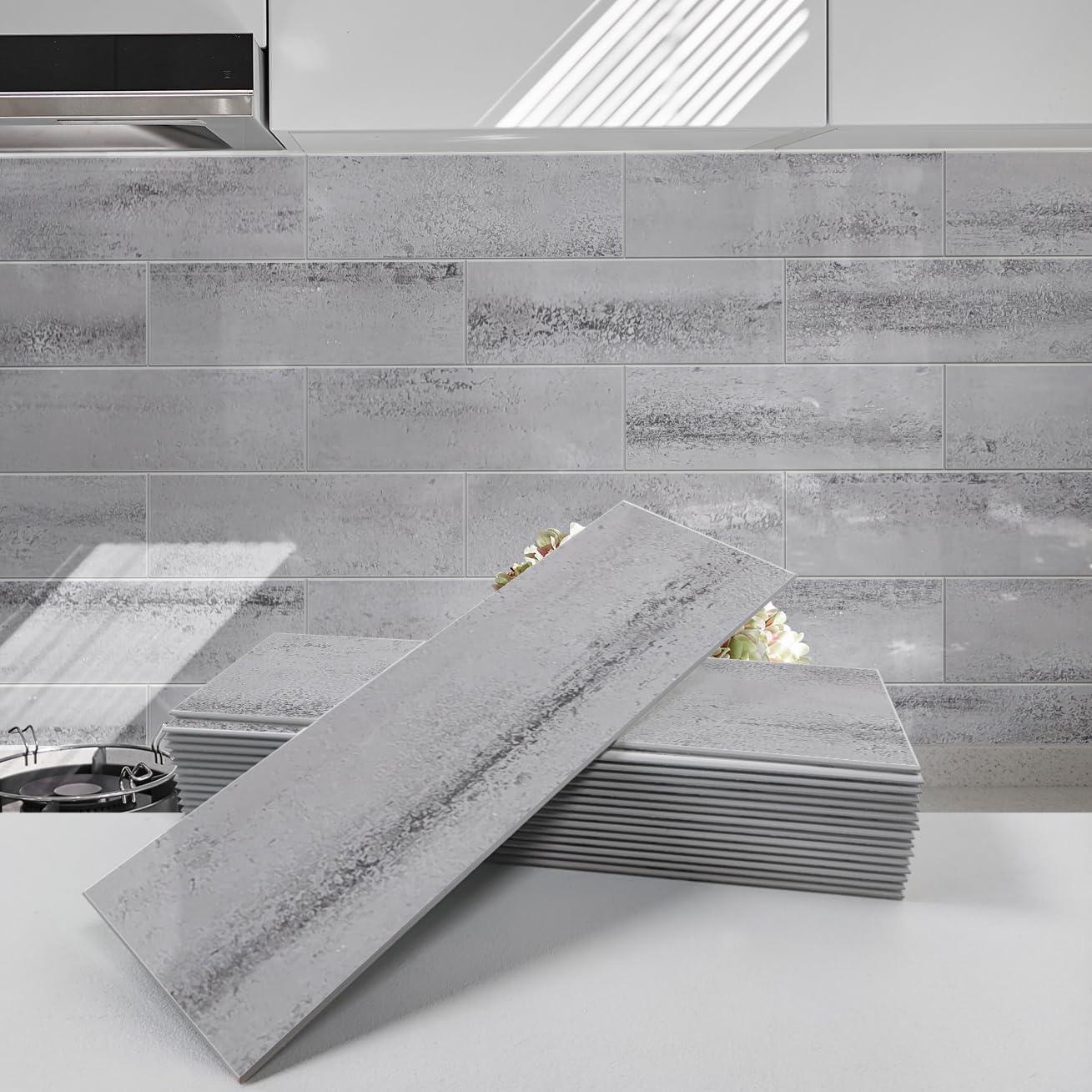 Avant Decor | 24 Stone Composite Subway Texture Tiles | Peel and Stick Kitchen Backsplash | 4" x 12" | Bex Metro Glossy Alpine | 8 sqft
