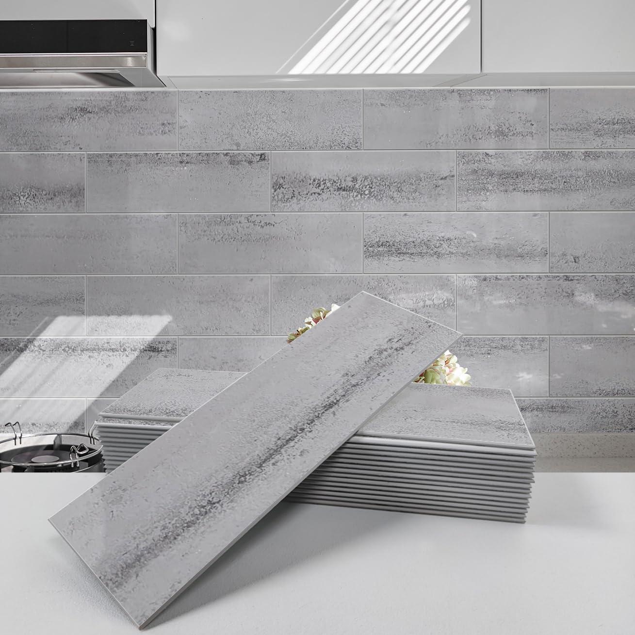 Avant Decor | 24 Stone Composite Subway Texture Tiles | Peel and Stick Kitchen Backsplash | 4" x 12" | Bex Metro Glossy Alpine | 8 sqft