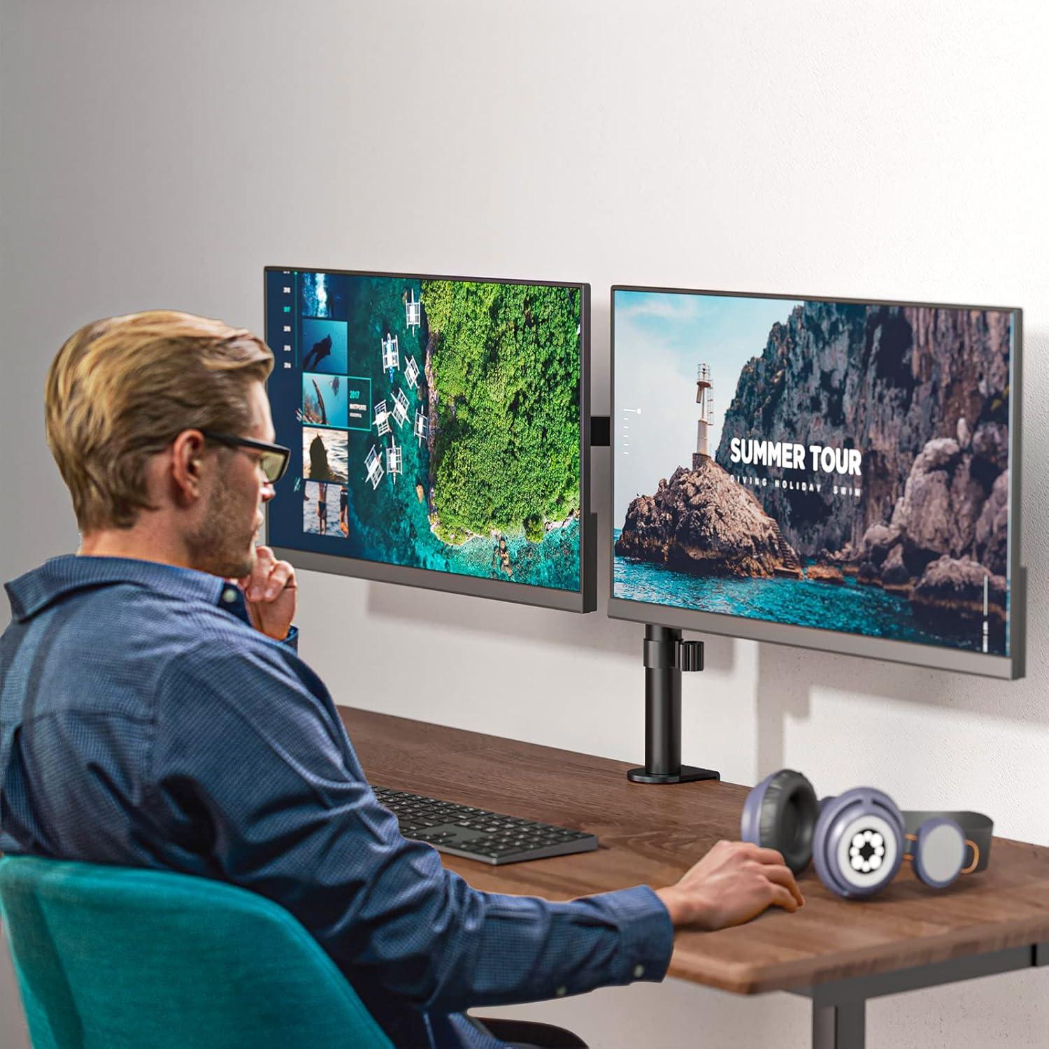 Mount-It! Dual Monitor Mount | Double Monitor Desk Stand | Two Full Motion Adjustable Arms Fit 2 Computer Screens 17 - 32 in. | C-Clamp & Grommet Base