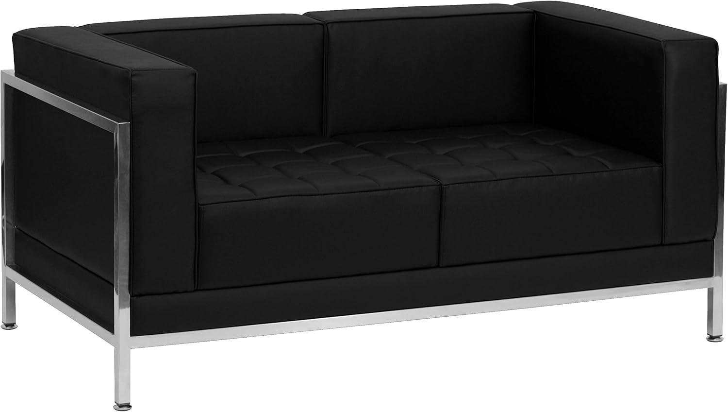 Black Tufted Leather Reception Loveseat with Metal Frame