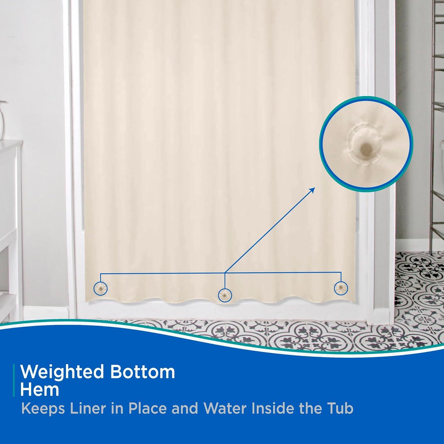 Kenney KN61756 Lightweight 3 Gauge Waterproof PEVA Shower Curtain Liner with Durable Eyelet Hang Holes, Weighted Magnetic Hem, and 12 Piece Plastic C-Ring Set for Bathroom, 70" W x 72" H, Cream