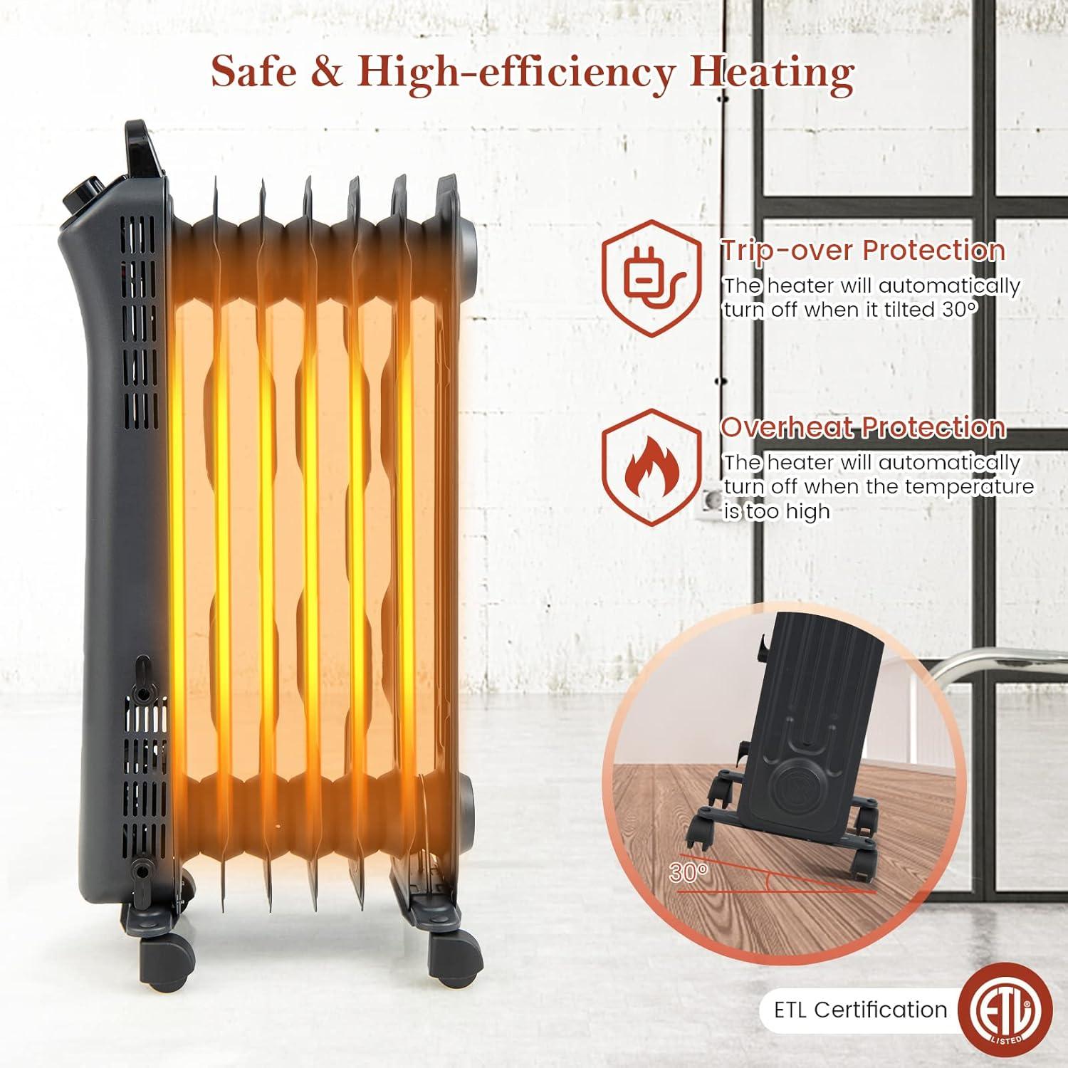 Black 1500W Oil Filled Radiator Heater with Adjustable Thermostat